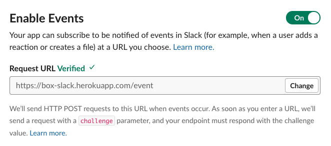 Slackの [Event Subscriptions (イベントサブスクリプション)] の有効化