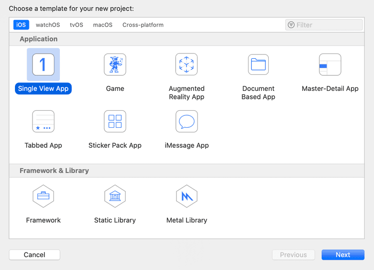 iOSアプリケーションの種類の選択